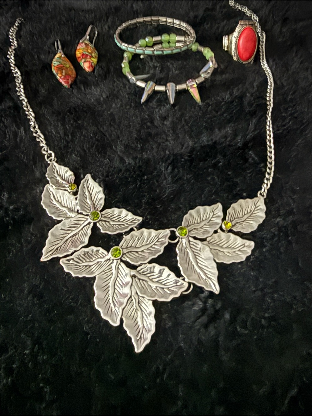Wild Grace Curated Botanical 5 Piece Jewelry Set Silver Leaves Imperial Jasper - Picture 2 of 10